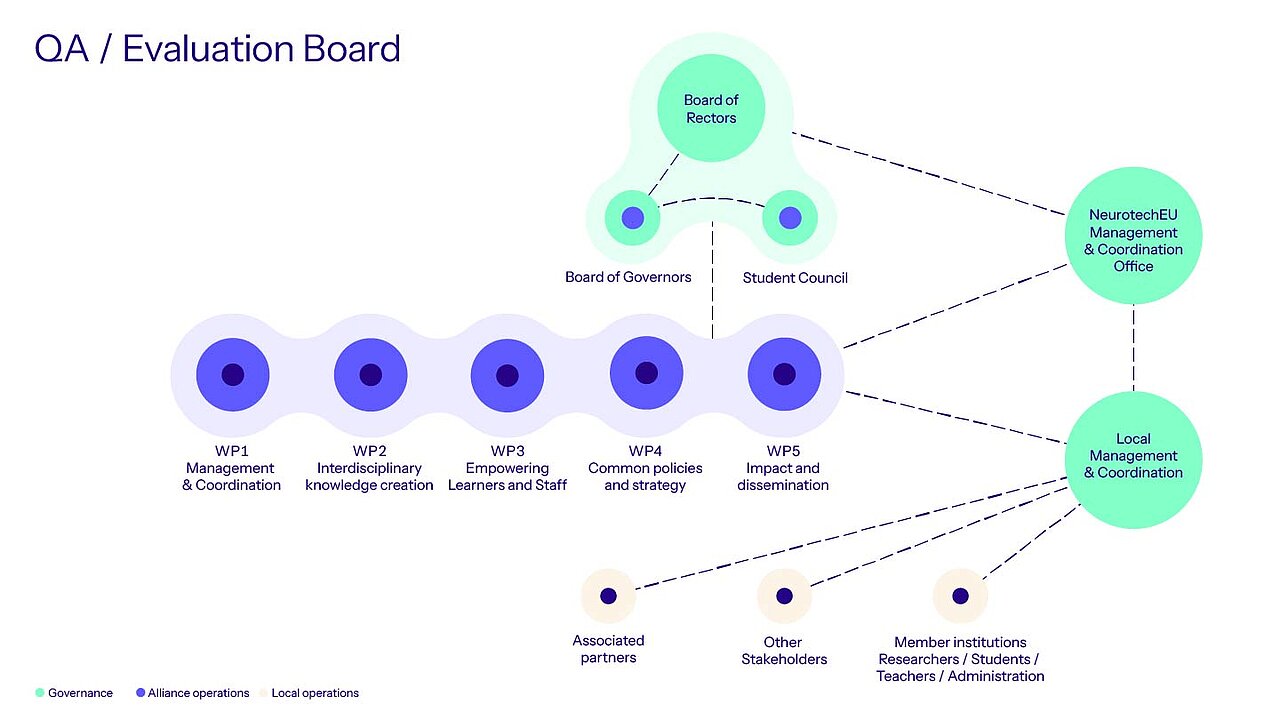 Diagram showing the governance structure of NeurotechEU. At the local level, activities are carried out by students, researchers, teachers, and administrative staff, coordinated by local teams. These efforts are supported by thematic working groups (Work Packages) and a central coordination office. All components are connected to a central governance structure made up of the Board of Rectors, the Governance Council, and the Student Council, ensuring overall coherence of the alliance.