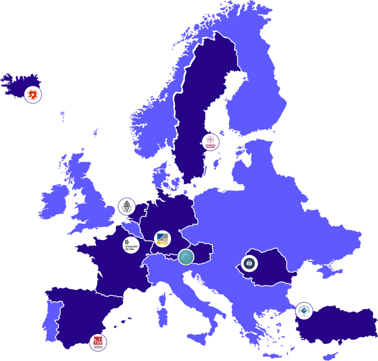 Planisphère des pays européens indiquant en surbrillance les 9 pays partenaires de l'alliance d'universités NeurotechEU